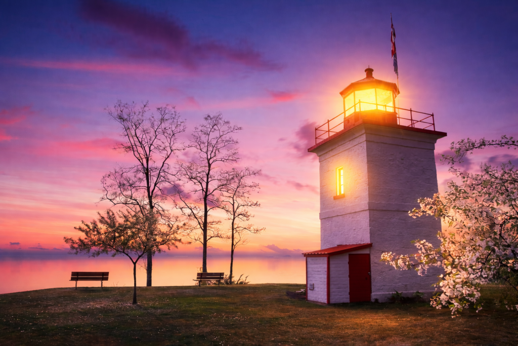 Goderich lighthouse glowing at dusk, emblem of the Lighthouse Accord